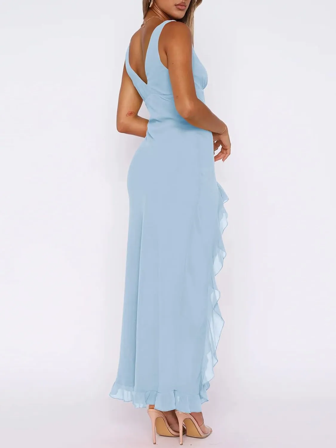 Women Sexy V Neck Sleeveless Mesh Ruffle Hem Bodycon Maxi Casual Backless High Slit Cocktail Party Dress
