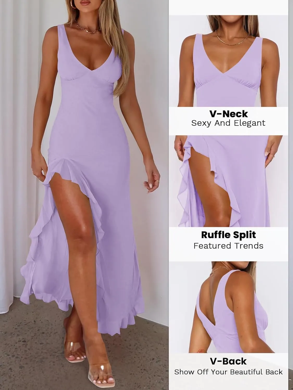 Women Sexy V Neck Sleeveless Mesh Ruffle Hem Bodycon Maxi Casual Backless High Slit Cocktail Party Dress