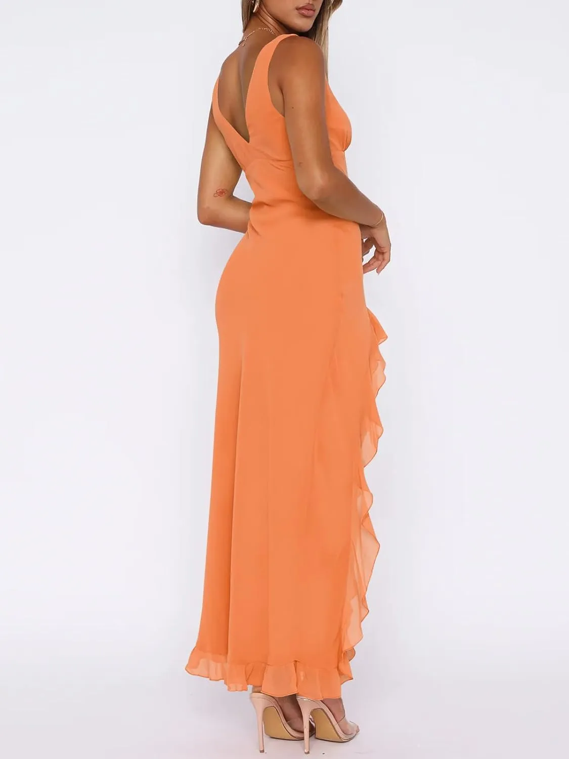 Women Sexy V Neck Sleeveless Mesh Ruffle Hem Bodycon Maxi Casual Backless High Slit Cocktail Party Dress
