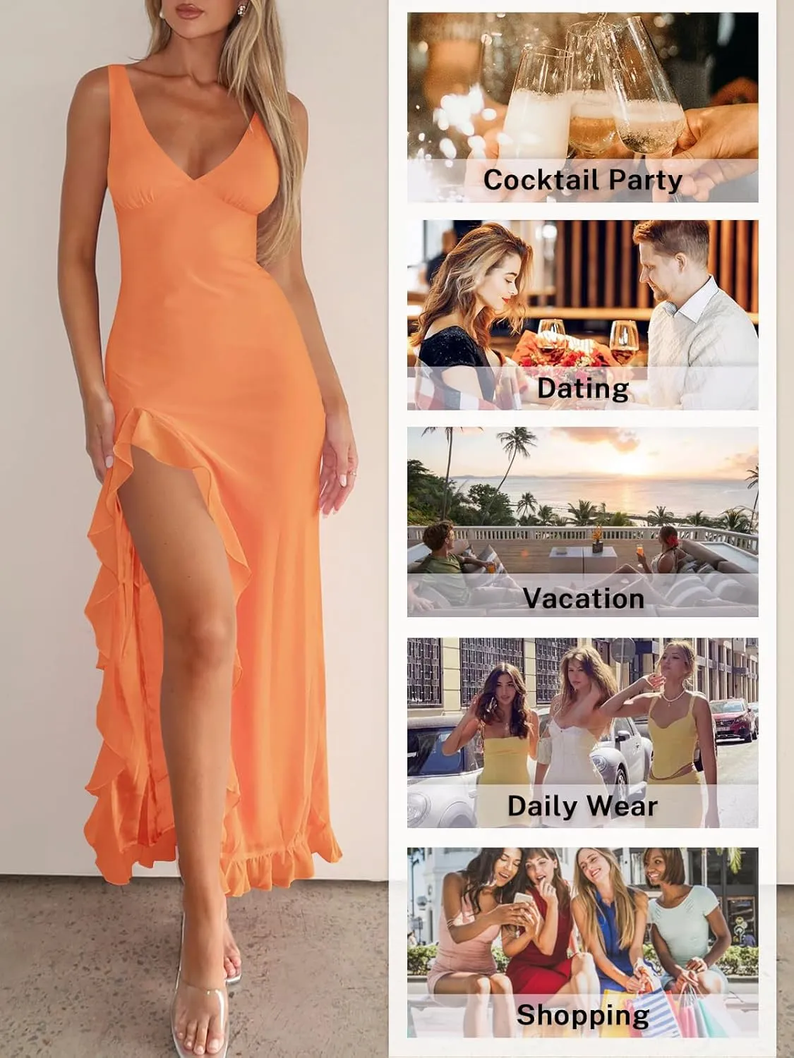Women Sexy V Neck Sleeveless Mesh Ruffle Hem Bodycon Maxi Casual Backless High Slit Cocktail Party Dress