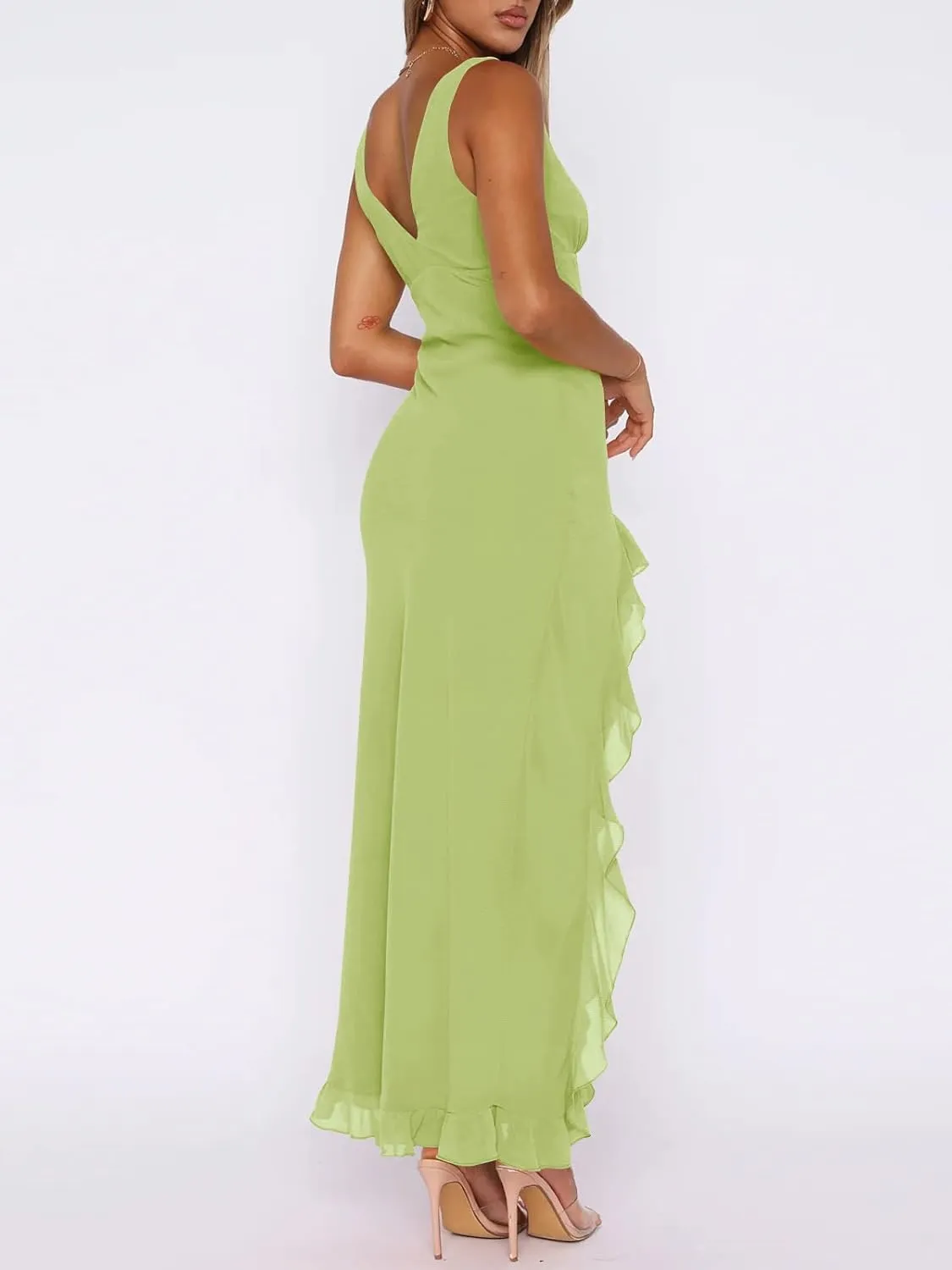 Women Sexy V Neck Sleeveless Mesh Ruffle Hem Bodycon Maxi Casual Backless High Slit Cocktail Party Dress