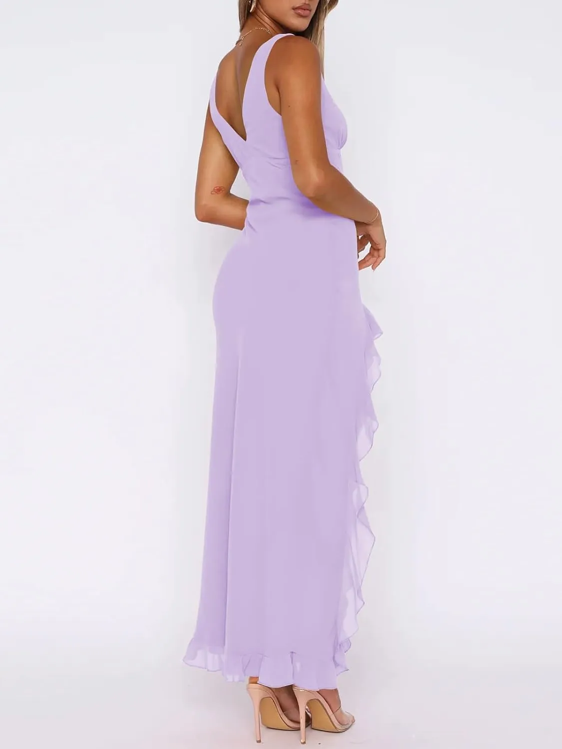 Women Sexy V Neck Sleeveless Mesh Ruffle Hem Bodycon Maxi Casual Backless High Slit Cocktail Party Dress