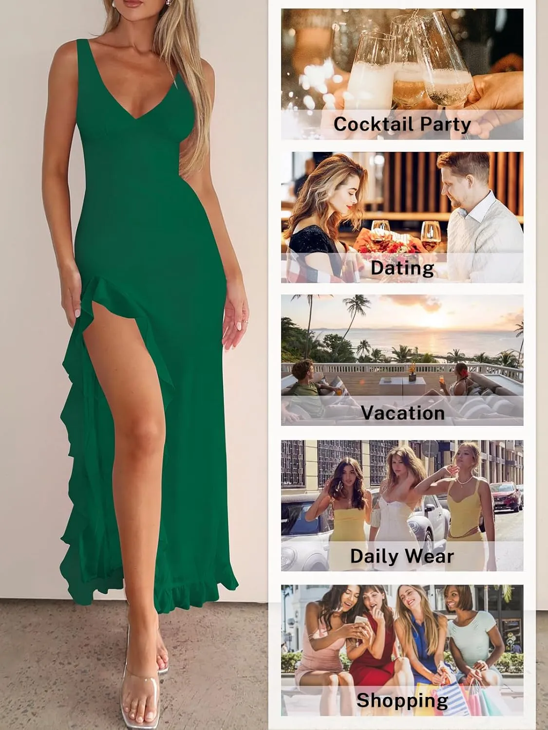Women Sexy V Neck Sleeveless Mesh Ruffle Hem Bodycon Maxi Casual Backless High Slit Cocktail Party Dress