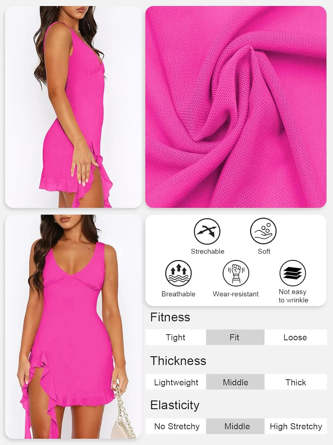 Women Sleeveless Sexy V Neck Bodycon Mini Dress Summer Side Slit Mesh Irregular Ruffle Hem Backless Short Dress