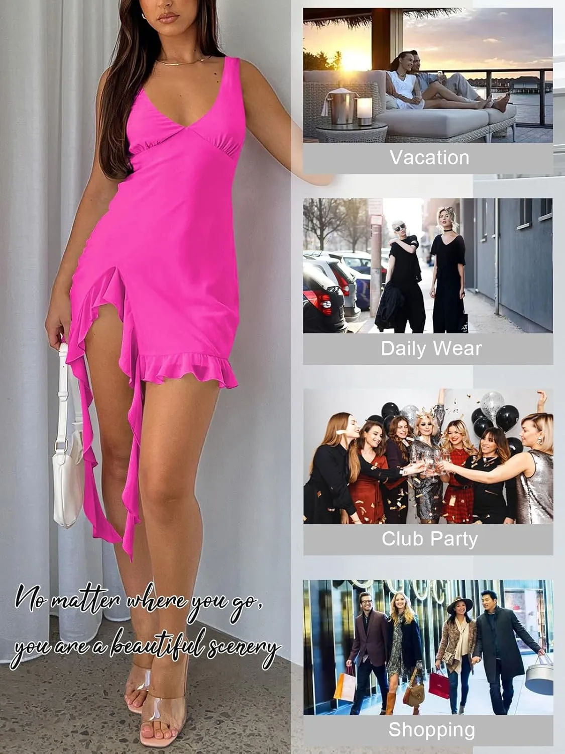 Women Sleeveless Sexy V Neck Bodycon Mini Dress Summer Side Slit Mesh Irregular Ruffle Hem Backless Short Dress
