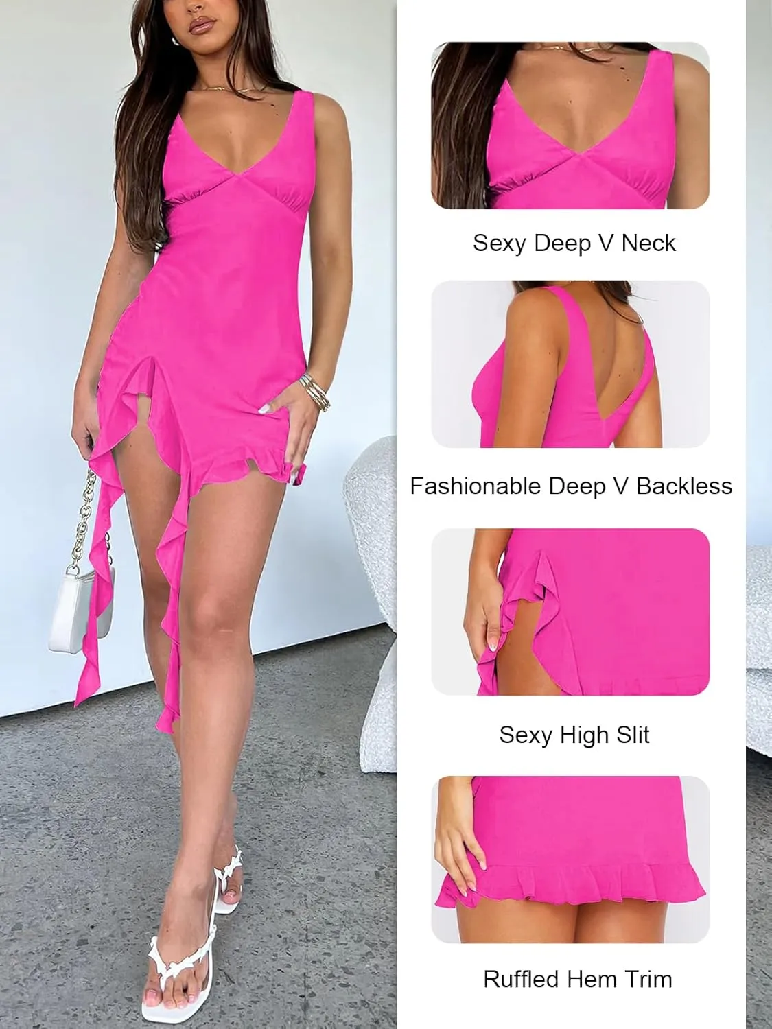 Women Sleeveless Sexy V Neck Bodycon Mini Dress Summer Side Slit Mesh Irregular Ruffle Hem Backless Short Dress