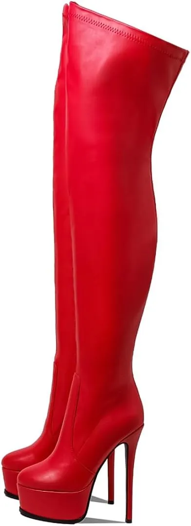 Women Thigh High Over The Knee Boot Red High Heels Sexy Exotic Platform Rounded Toe Faux Leather Shoes