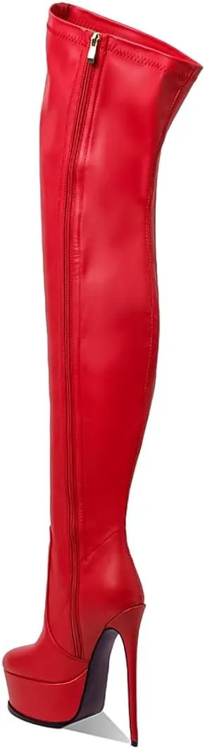 Women Thigh High Over The Knee Boot Red High Heels Sexy Exotic Platform Rounded Toe Faux Leather Shoes