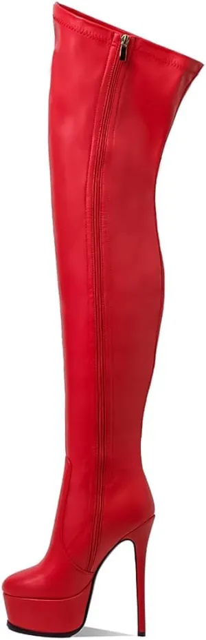 Women Thigh High Over The Knee Boot Red High Heels Sexy Exotic Platform Rounded Toe Faux Leather Shoes