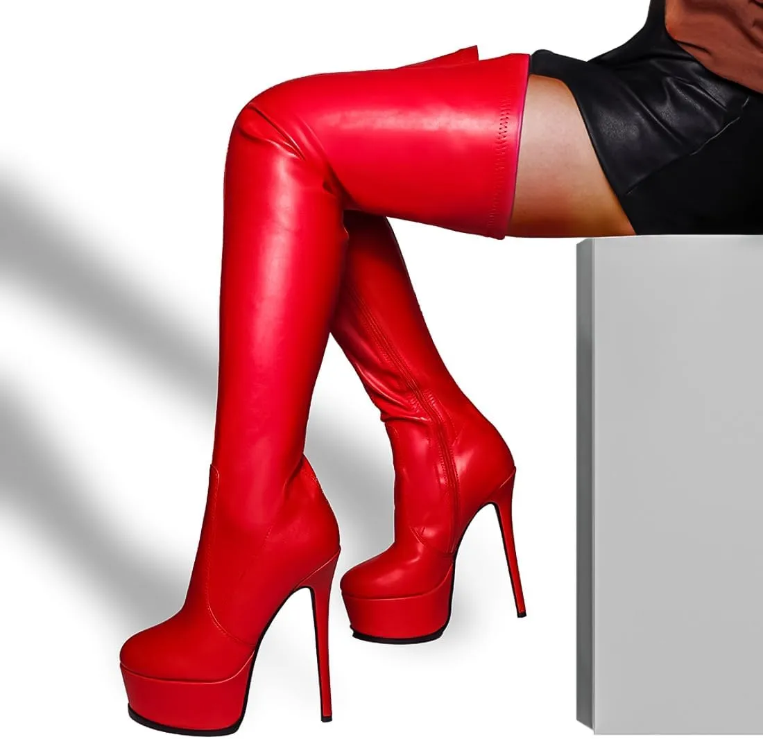 Women Thigh High Over The Knee Boot Red High Heels Sexy Exotic Platform Rounded Toe Faux Leather Shoes