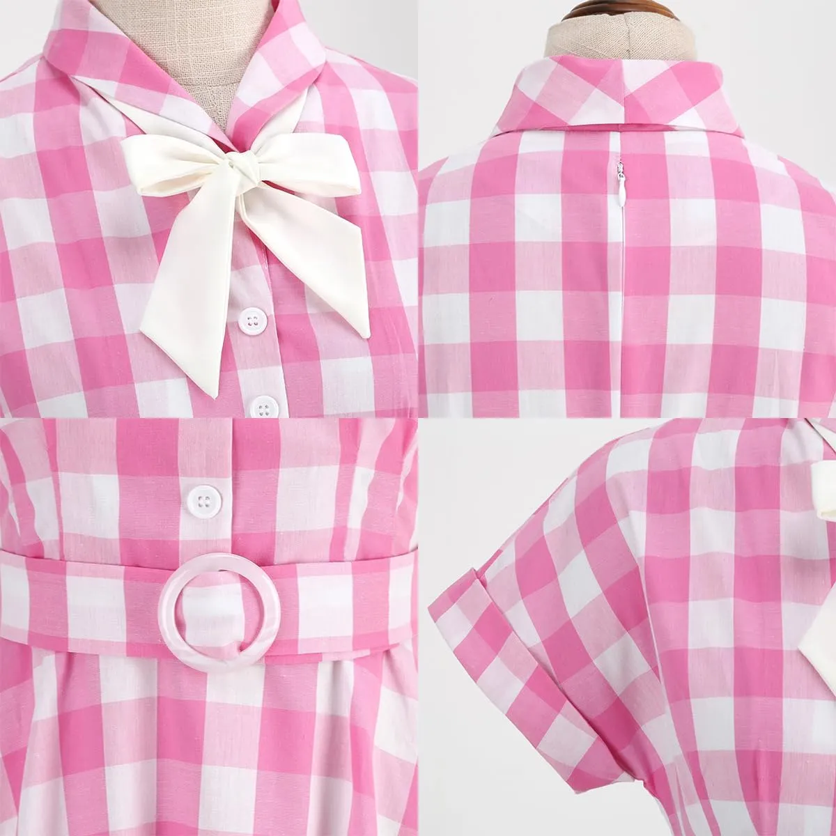 Women Vintage 1950s Retro Dress Spaghetti Strap Pink Gingham Swing Cocktail Party Dress Rockabilly A-line Midi Dress