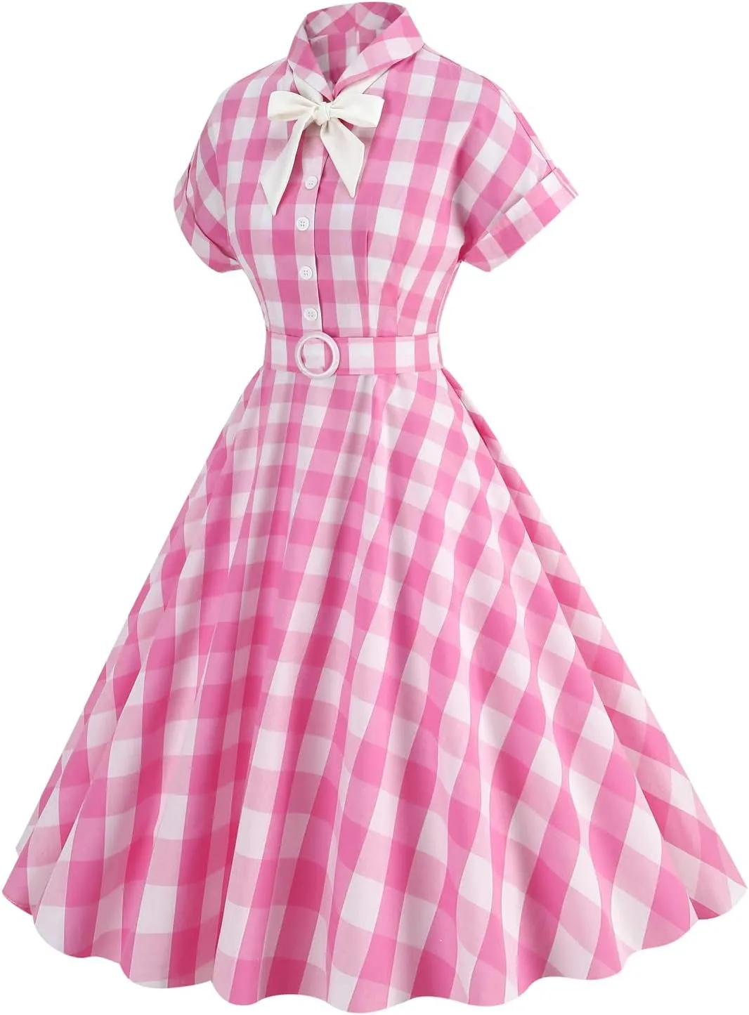 Women Vintage 1950s Retro Dress Spaghetti Strap Pink Gingham Swing Cocktail Party Dress Rockabilly A-line Midi Dress