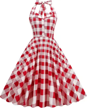 Women Vintage 1950s Retro Dress Spaghetti Strap Pink Gingham Swing Cocktail Party Dress Rockabilly A-line Midi Dress