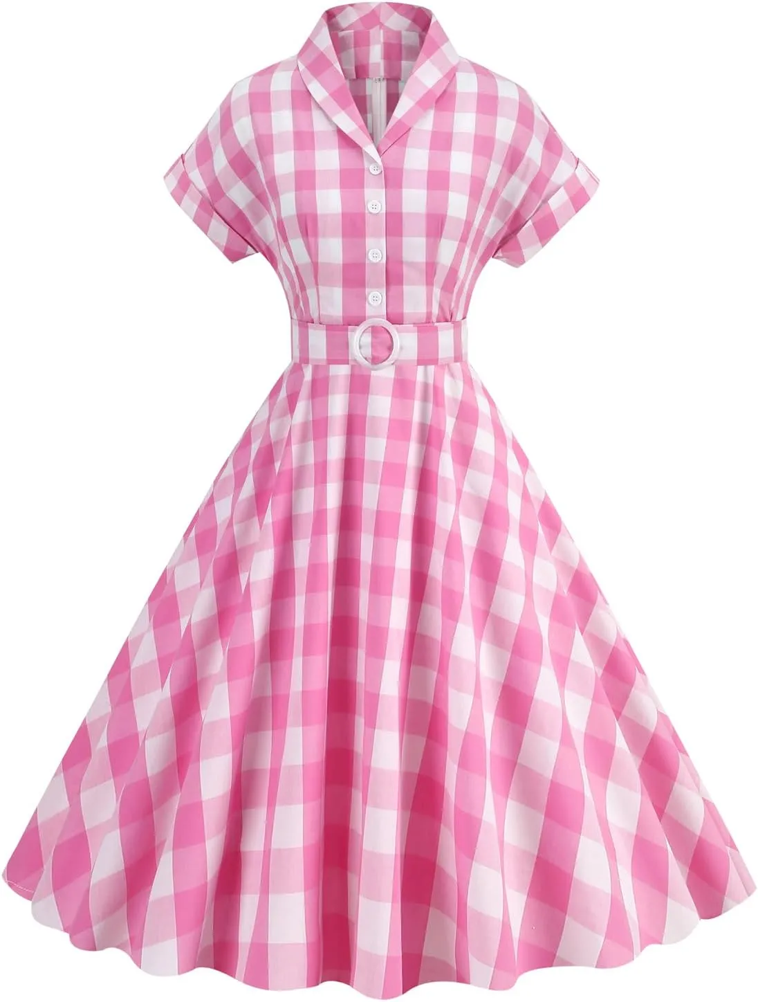 Women Vintage 1950s Retro Dress Spaghetti Strap Pink Gingham Swing Cocktail Party Dress Rockabilly A-line Midi Dress
