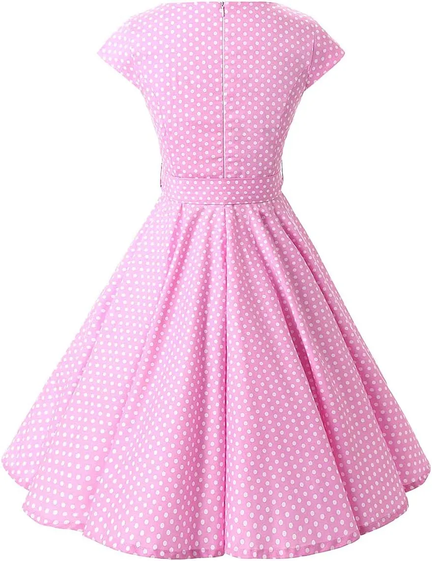 Women Vintage 1950s Retro Dress Spaghetti Strap Pink Gingham Swing Cocktail Party Dress Rockabilly A-line Midi Dress