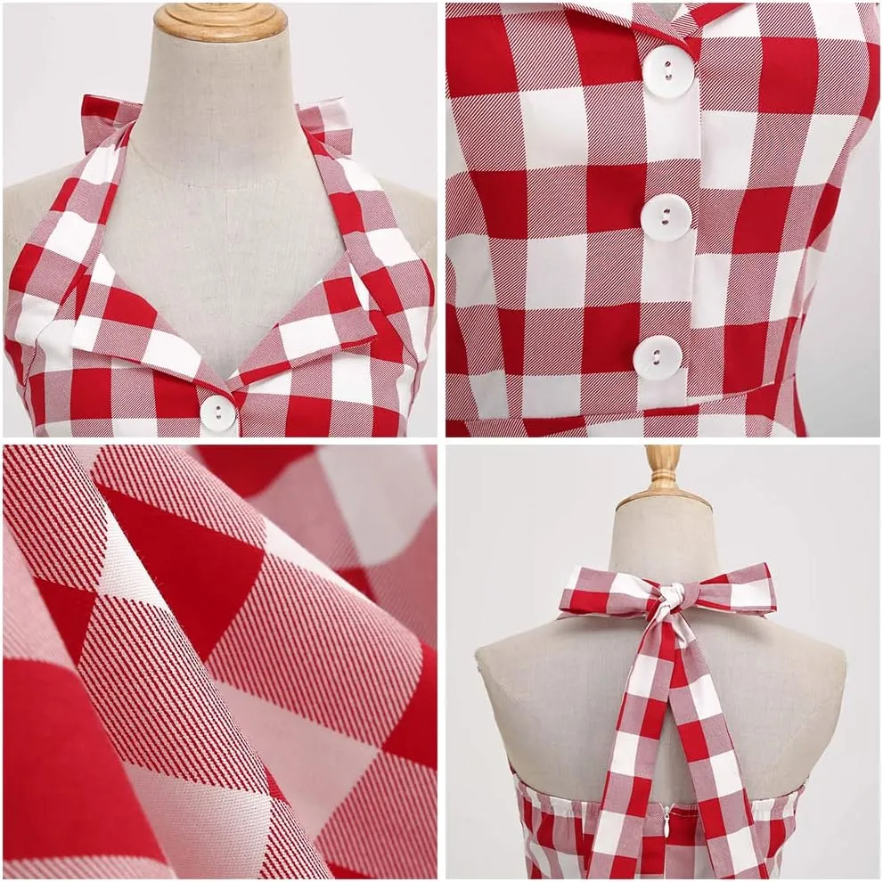 Women Vintage 1950s Retro Dress Spaghetti Strap Pink Gingham Swing Cocktail Party Dress Rockabilly A-line Midi Dress