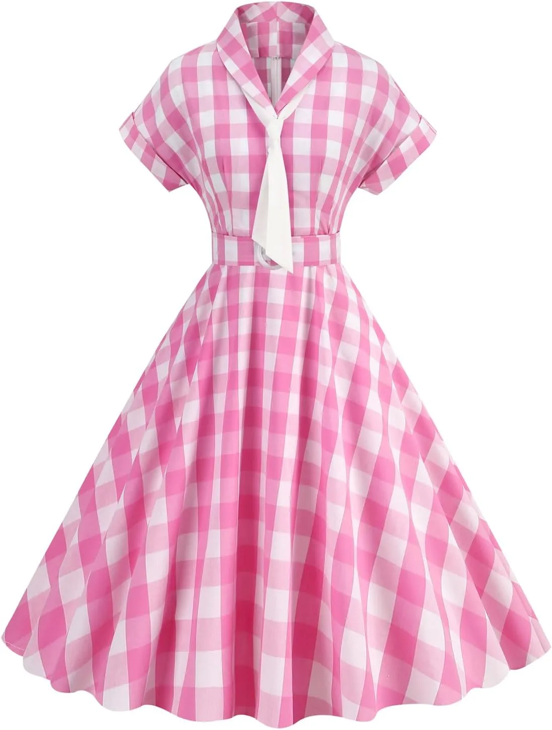Women Vintage 1950s Retro Dress Spaghetti Strap Pink Gingham Swing Cocktail Party Dress Rockabilly A-line Midi Dress
