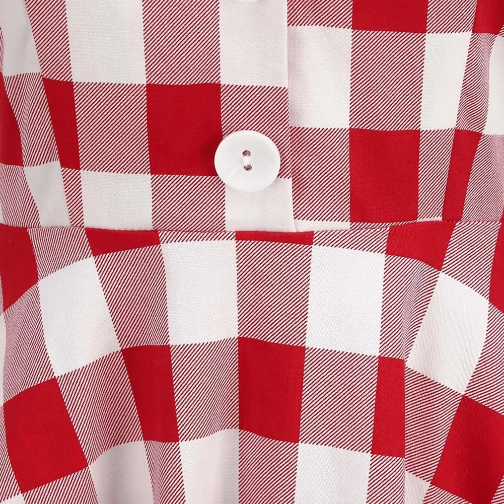 Women Vintage 1950s Retro Dress Spaghetti Strap Pink Gingham Swing Cocktail Party Dress Rockabilly A-line Midi Dress