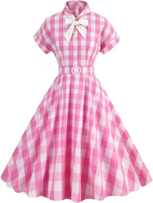 Women Vintage 1950s Retro Dress Spaghetti Strap Pink Gingham Swing Cocktail Party Dress Rockabilly A-line Midi Dress