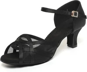 Women's Ballroom Dance Shoes Character Shoes, Latin Salsa Dancing Shoes for Women, Cross Strap Dance Heels, Black