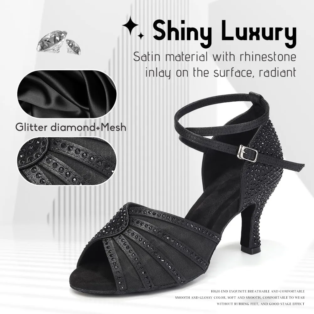Women's Ballroom Dance Shoes Rhinestones Open Toe Professional Latin Salsa Performance Dancing Heels,Model YC-L598-Suede Sole-3”Heel