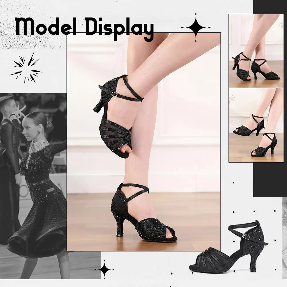 Women's Ballroom Dance Shoes Rhinestones Open Toe Professional Latin Salsa Performance Dancing Heels,Model YC-L598-Suede Sole-3”Heel