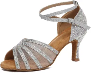 Women's Ballroom Dance Shoes Rhinestones Open Toe Professional Latin Salsa Performance Dancing Heels,Model YC-L598-Suede Sole-3”Heel