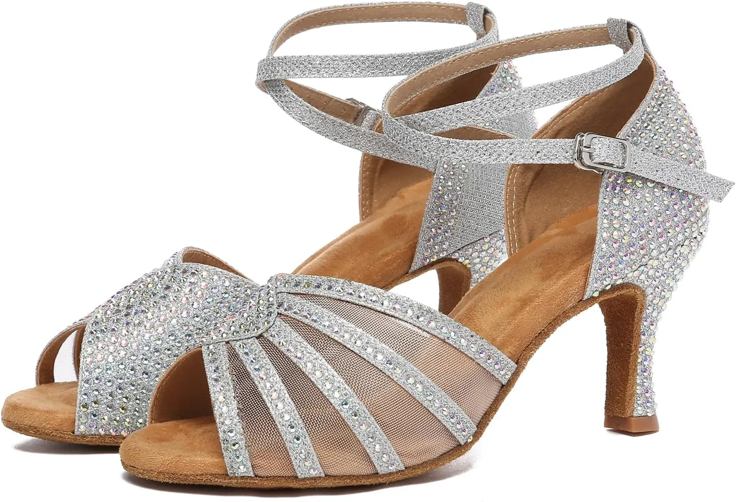 Women's Ballroom Dance Shoes Rhinestones Open Toe Professional Latin Salsa Performance Dancing Heels,Model YC-L598-Suede Sole-3”Heel