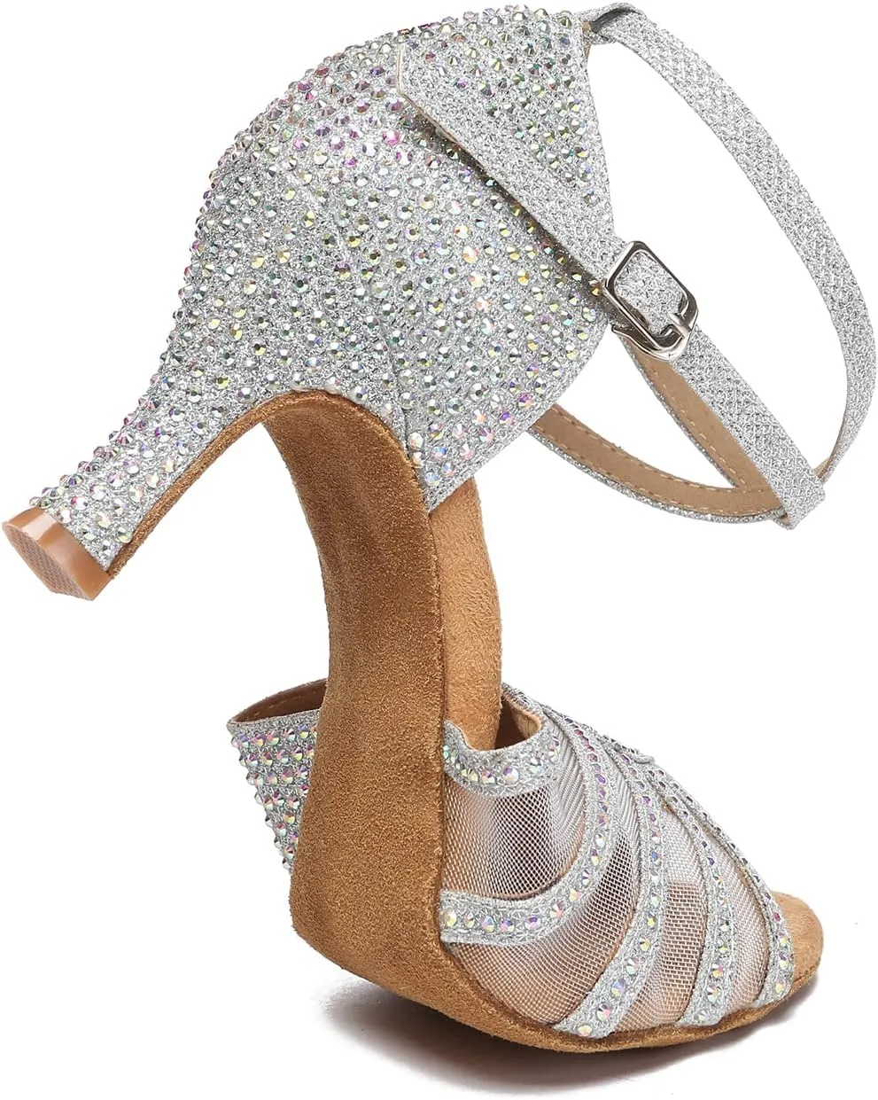 Women's Ballroom Dance Shoes Rhinestones Open Toe Professional Latin Salsa Performance Dancing Heels,Model YC-L598-Suede Sole-3”Heel