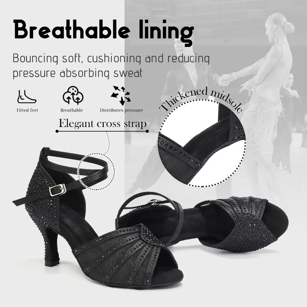 Women's Ballroom Dance Shoes Rhinestones Open Toe Professional Latin Salsa Performance Dancing Heels,Model YC-L598-Suede Sole-3”Heel