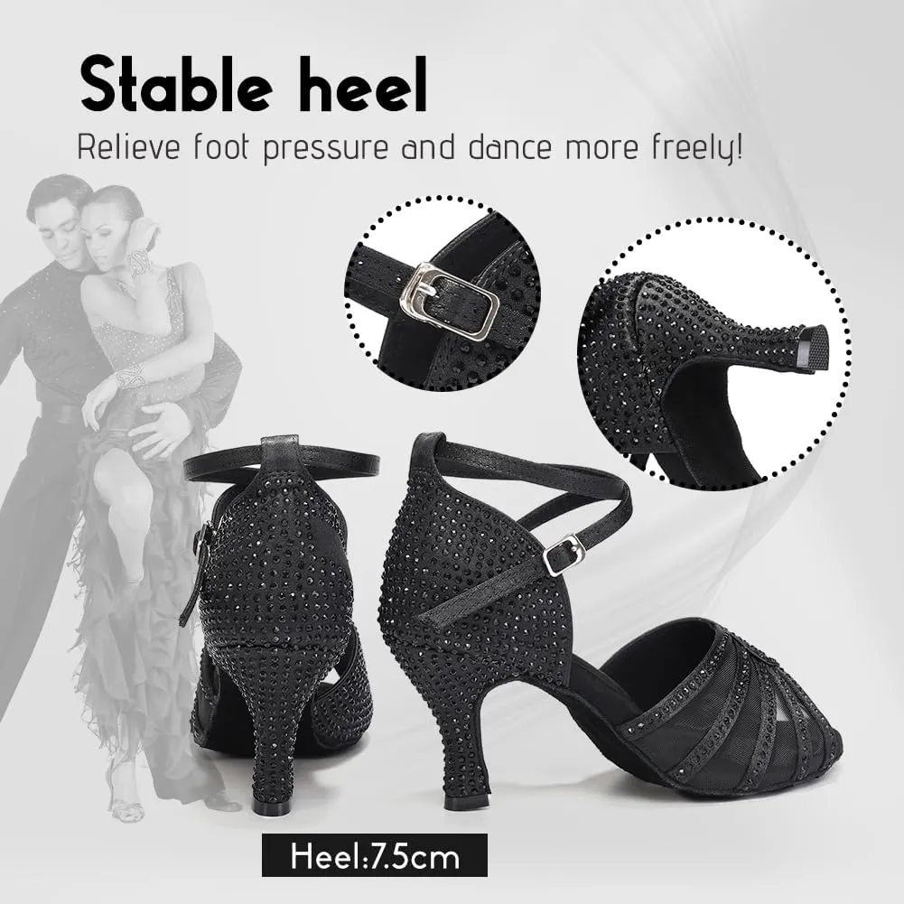 Women's Ballroom Dance Shoes Rhinestones Open Toe Professional Latin Salsa Performance Dancing Heels,Model YC-L598-Suede Sole-3”Heel
