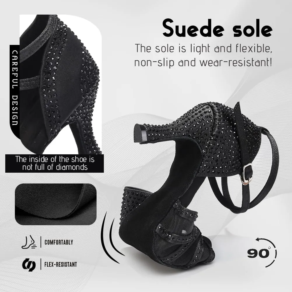 Women's Ballroom Dance Shoes Rhinestones Open Toe Professional Latin Salsa Performance Dancing Heels,Model YC-L598-Suede Sole-3”Heel