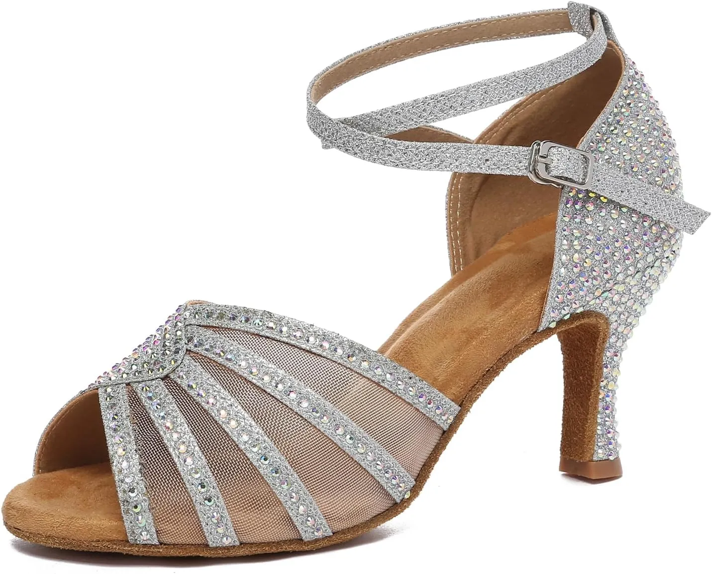 Women's Ballroom Dance Shoes Rhinestones Open Toe Professional Latin Salsa Performance Dancing Heels,Model YC-L598-Suede Sole-3”Heel