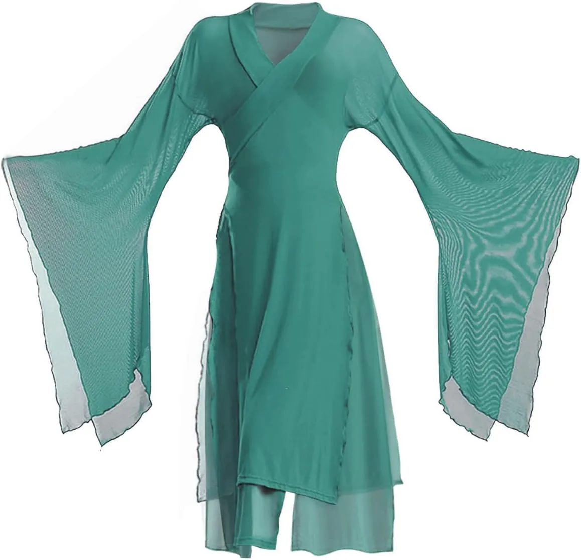 Women's Chinese Dance Tops Sheer Wide Sleeve Wrap Front Side Split Hanfu Top