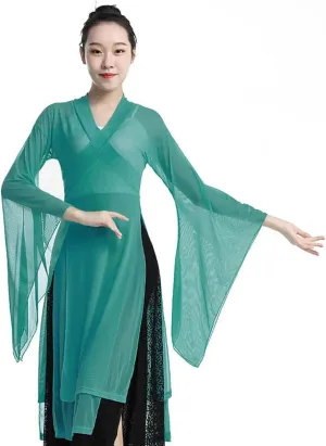 Women's Chinese Dance Tops Sheer Wide Sleeve Wrap Front Side Split Hanfu Top