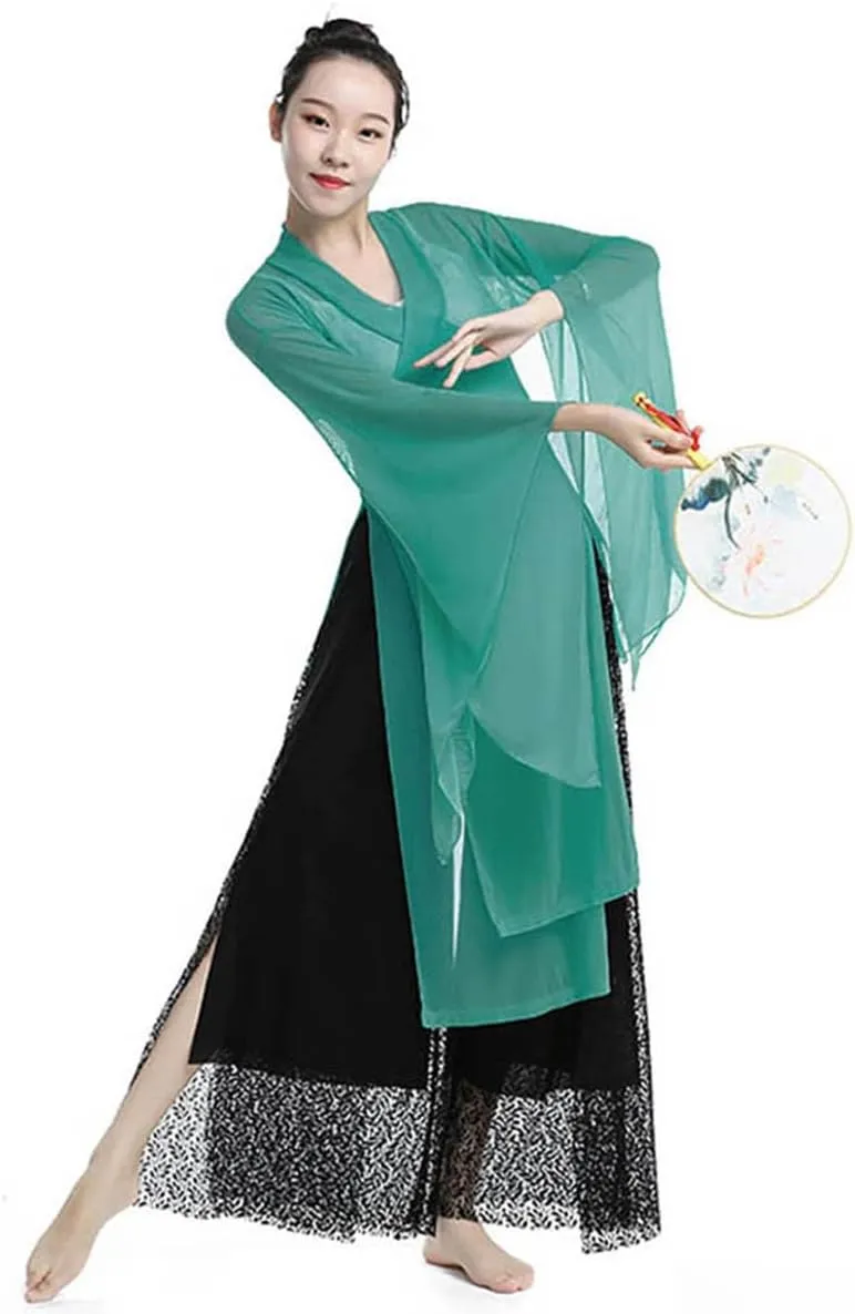 Women's Chinese Dance Tops Sheer Wide Sleeve Wrap Front Side Split Hanfu Top
