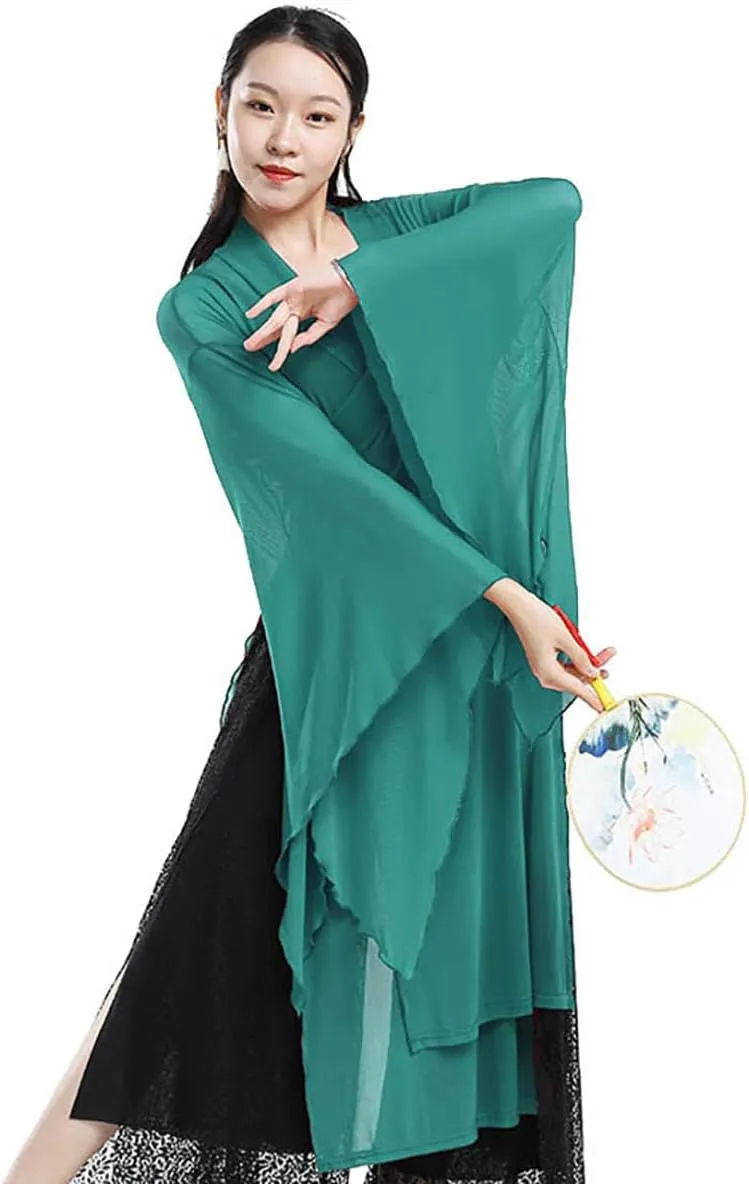 Women's Chinese Dance Tops Sheer Wide Sleeve Wrap Front Side Split Hanfu Top