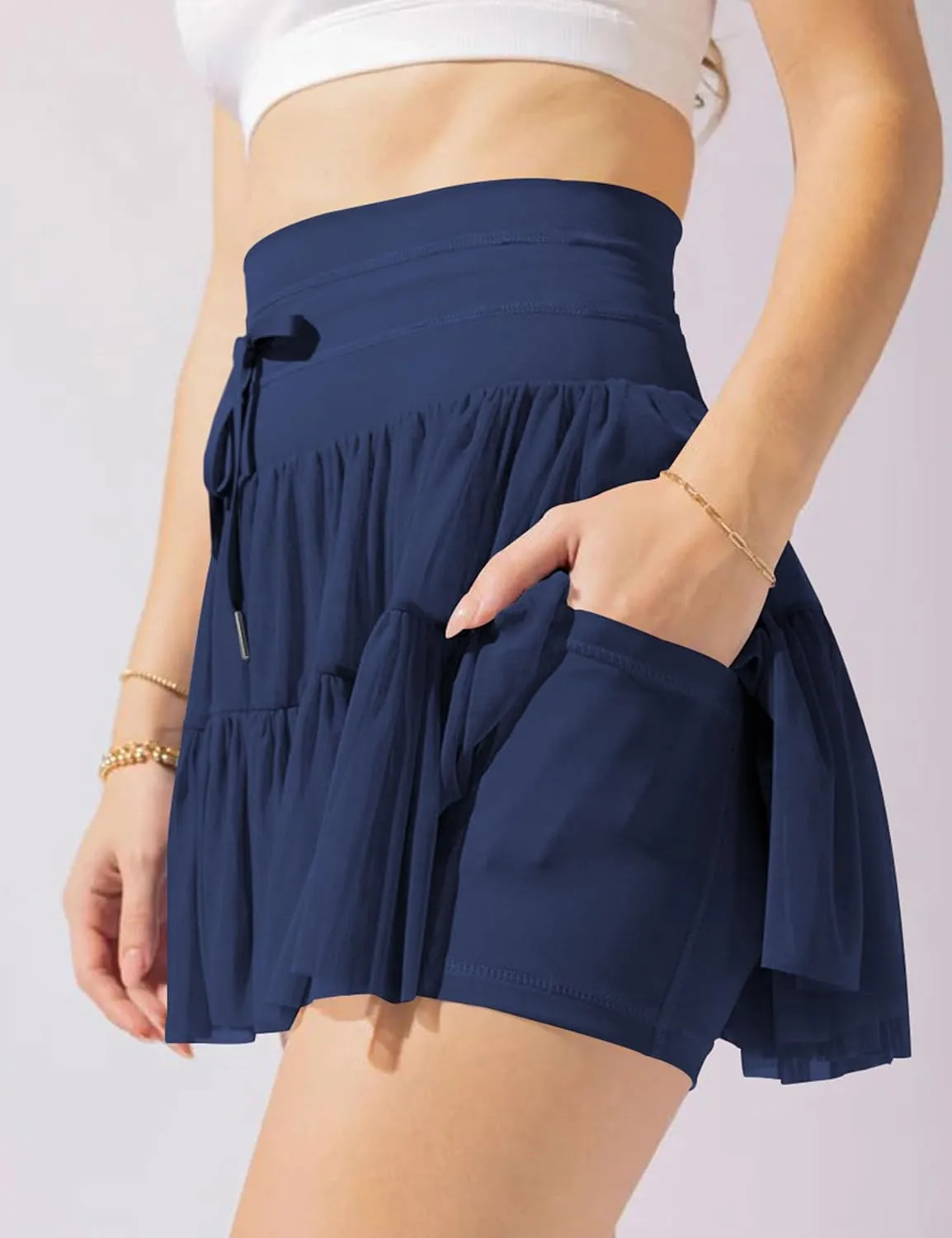 Womens High Waist Pleated Mini Skirt Casual Beach Boho Drawstring Layered Tiered Tennis Short Skirts for Girls ﻿
