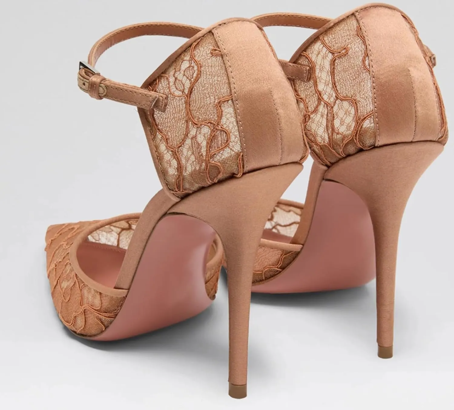 Women's Lace Pointed Toe High Heels – Elegant Stiletto Dress Pumps with Ankle Strap for Wedding, Party, or Evening Wear