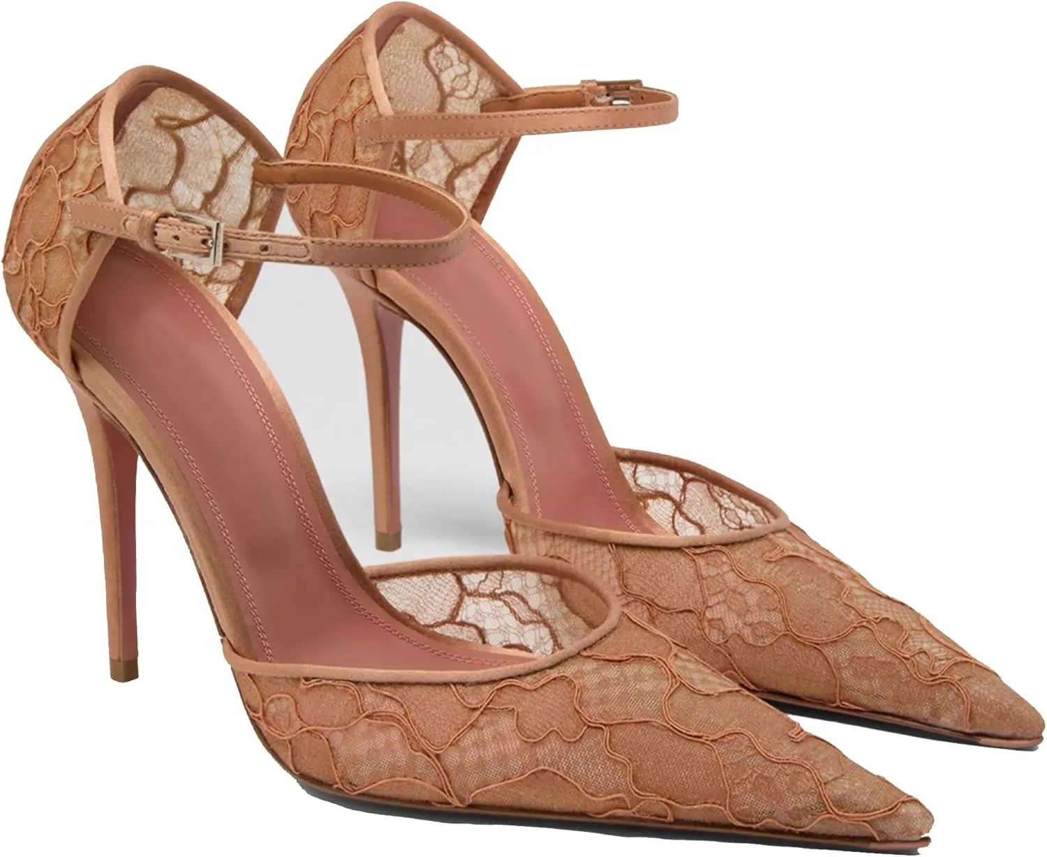 Women's Lace Pointed Toe High Heels – Elegant Stiletto Dress Pumps with Ankle Strap for Wedding, Party, or Evening Wear