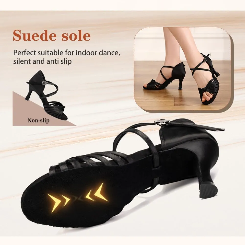 Women's Latin Dance Shoes Satin Open Toe 3 inch Heel Ballroom Salsa Dance Practice Shoes Suede Sole