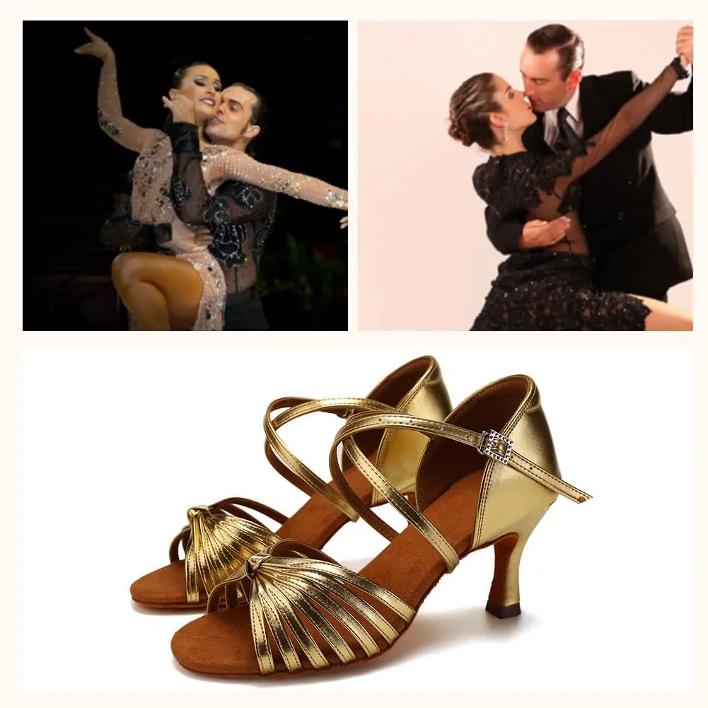 Women's Latin Dance Shoes Satin Open Toe 3 inch Heel Ballroom Salsa Dance Practice Shoes Suede Sole