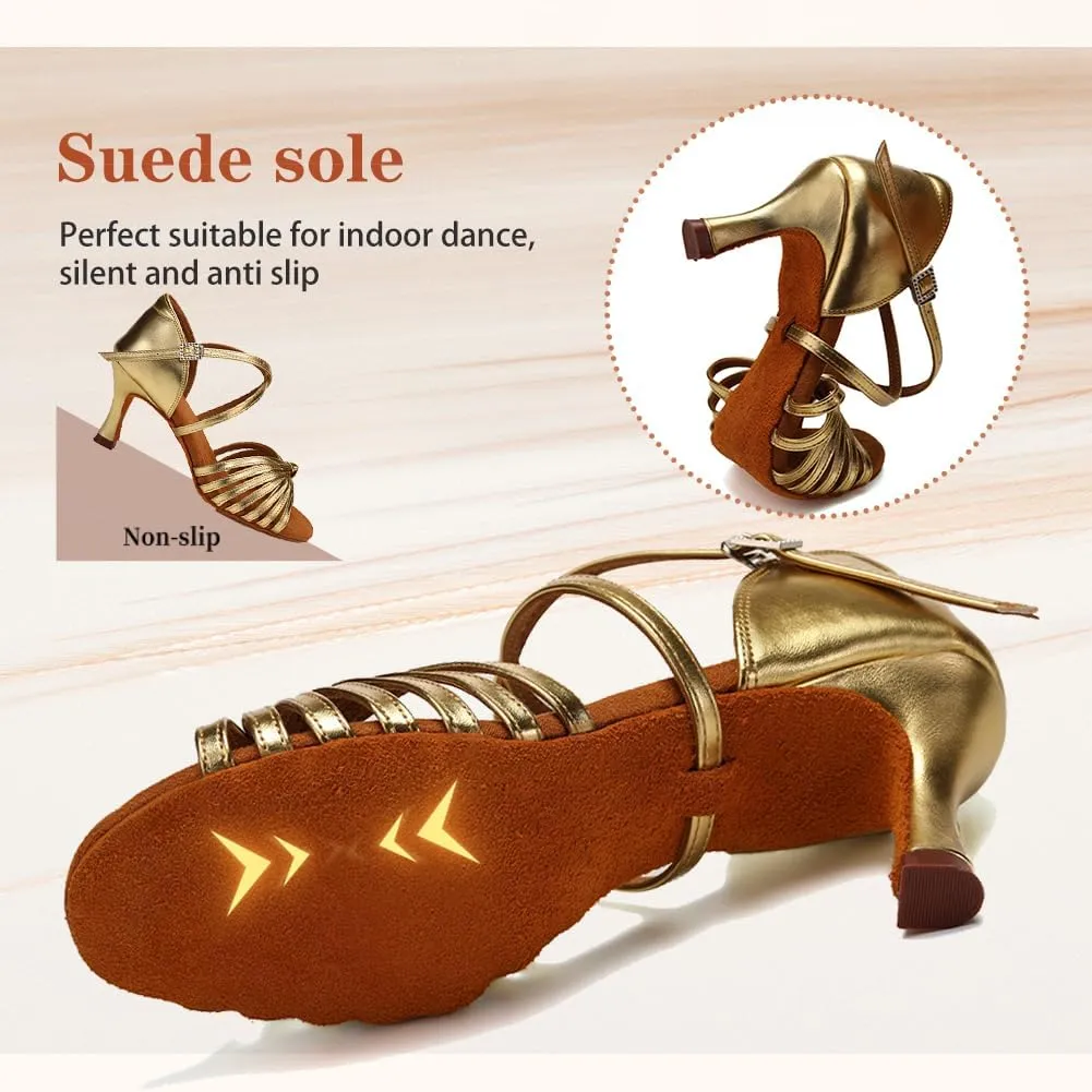 Women's Latin Dance Shoes Satin Open Toe 3 inch Heel Ballroom Salsa Dance Practice Shoes Suede Sole