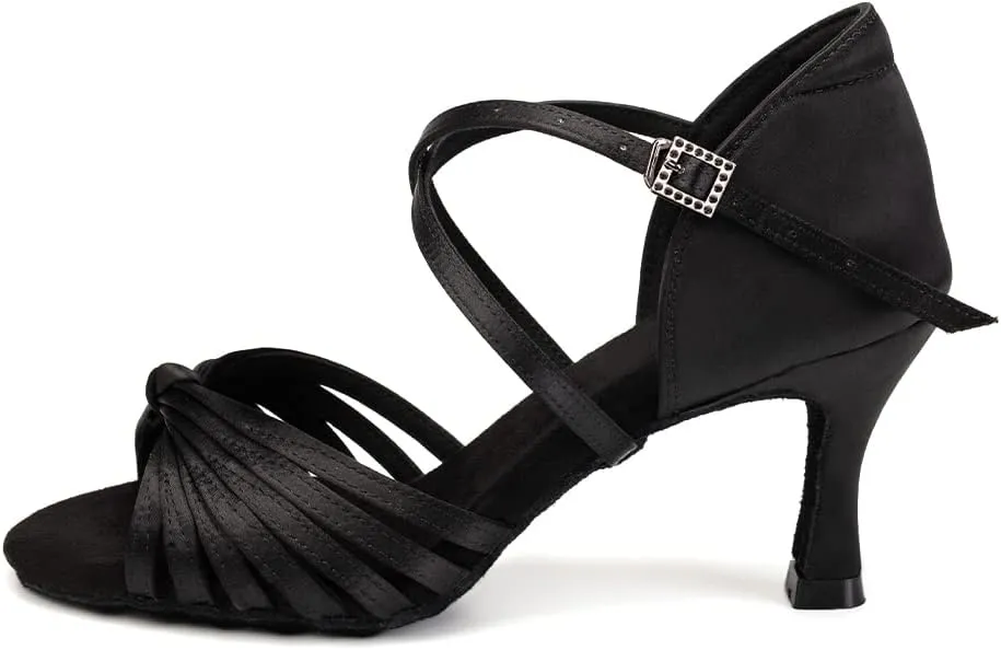 Women's Latin Dance Shoes Satin Open Toe 3 inch Heel Ballroom Salsa Dance Practice Shoes Suede Sole
