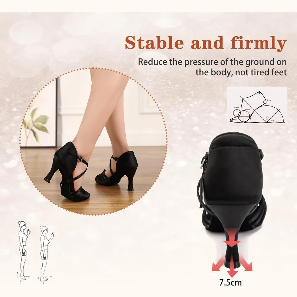 Women's Latin Dance Shoes Satin Open Toe 3 inch Heel Ballroom Salsa Dance Practice Shoes Suede Sole