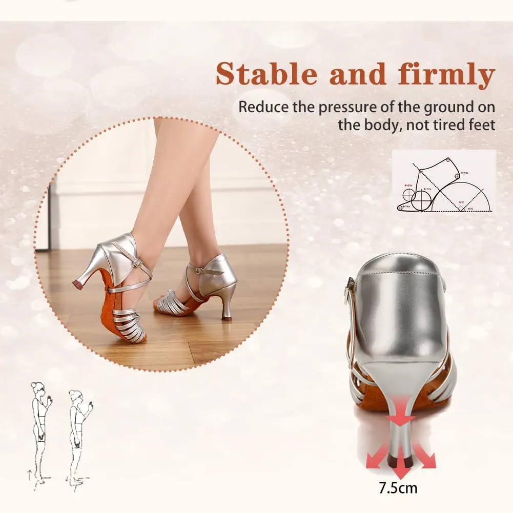 Women's Latin Dance Shoes Satin Open Toe 3 inch Heel Ballroom Salsa Dance Practice Shoes Suede Sole