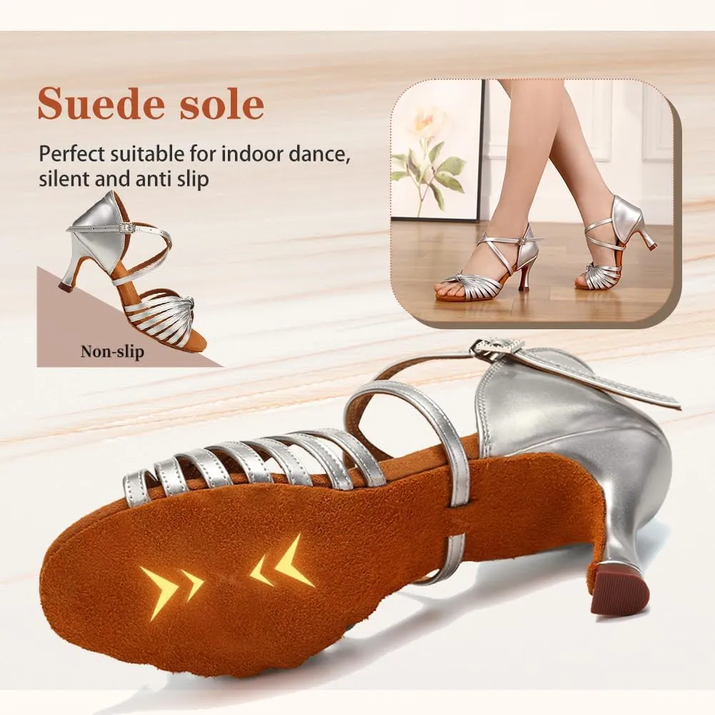 Women's Latin Dance Shoes Satin Open Toe 3 inch Heel Ballroom Salsa Dance Practice Shoes Suede Sole