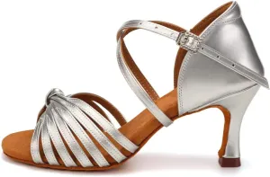 Women's Latin Dance Shoes Silver PU Open Toe 3 inch Heel Ballroom Salsa Dance Practice Shoes Dancing Heels,7.5 B(M) US