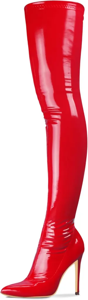 Women's Patent Leather PU Thigh High Boots Pointy Toe Side Zippe Fashion Comfy Sexy Stiletto High Heel Over The Knee Boots