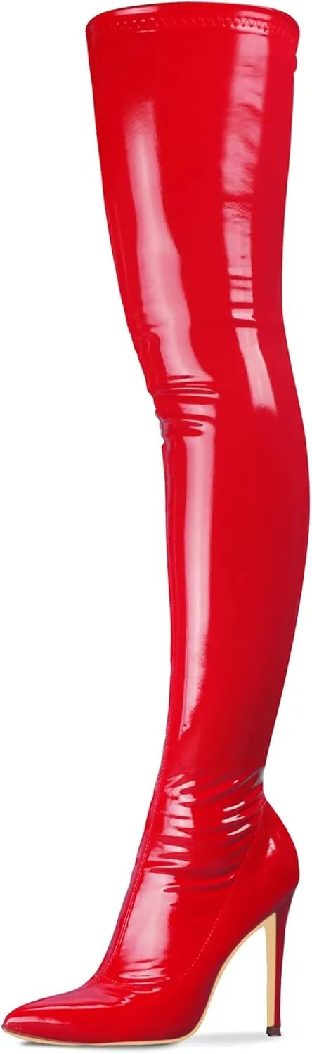 Women's Patent Leather PU Thigh High Boots Pointy Toe Side Zippe Fashion Comfy Sexy Stiletto High Heel Over The Knee Boots